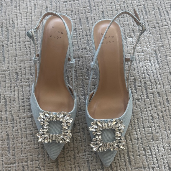 a new day Shoes - a new day Light Blue denim  Embellished Slingback Pointed Pumps